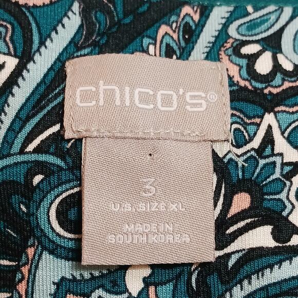 Chicos Tunic Size 3 (22/24) Green Paisley 3/4 Sleeve Baroque Asymmetric Hem EUC - Picture 2 of 10